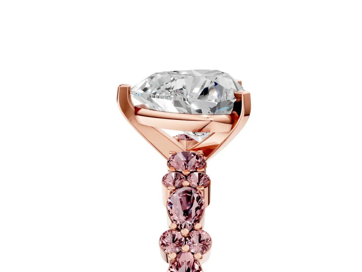 Heart Cut Diamond Side Stone Solitaire Ring with Round Morganite and Four-Prong Setting Rose gold