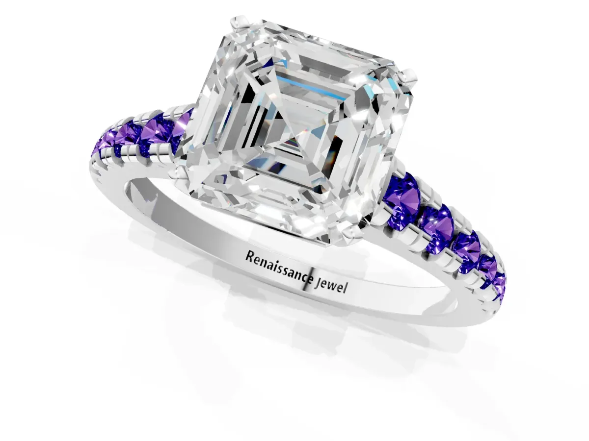 Asscher Cut Diamond Cathedral Solitaire Ring with Round Tanzanite Pavé Band Platinum