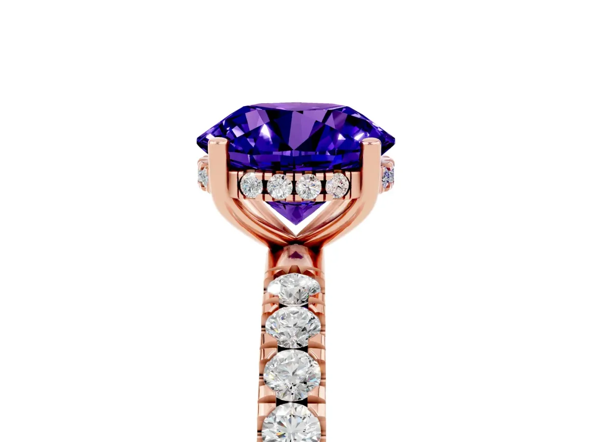 Round Cut Tanzanite Pave Band Solitaire Ring with Round and Prong Setting Rose gold
