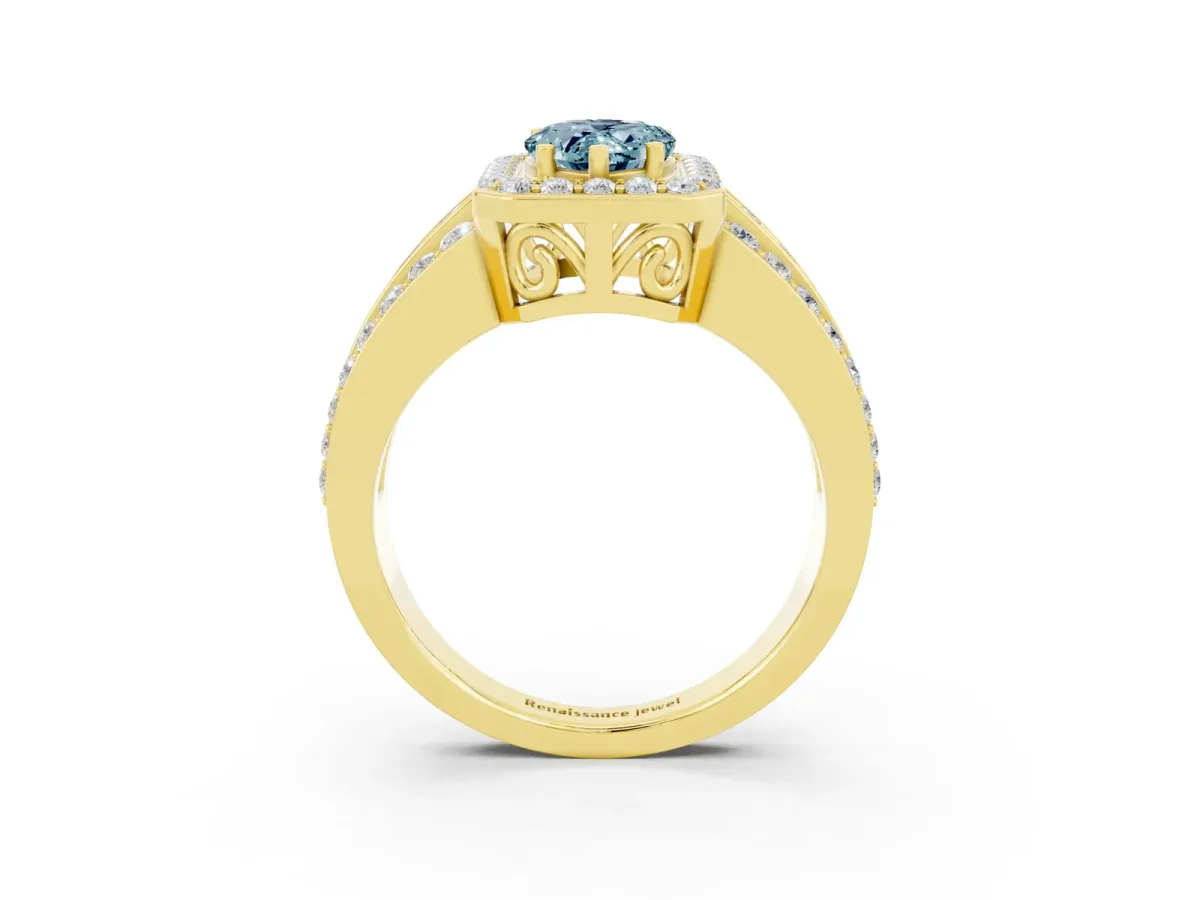 Pear Cut Halo Aquamarine Ring with Round Split Shank and Prong Setting Yellow gold