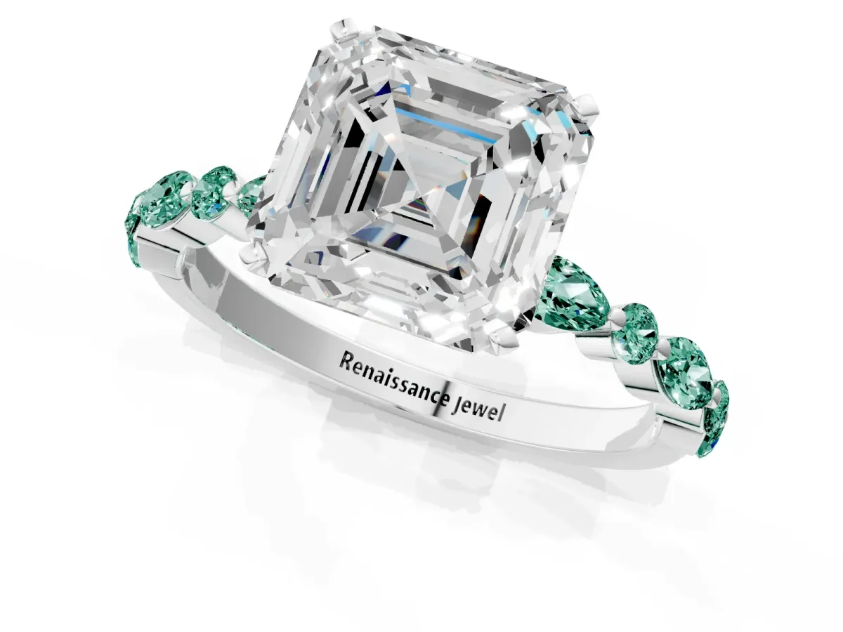 Asscher Cut Diamond Ring with Marquise and Round Green Sapphire Side Stones and Four-Prong Setting Platinum