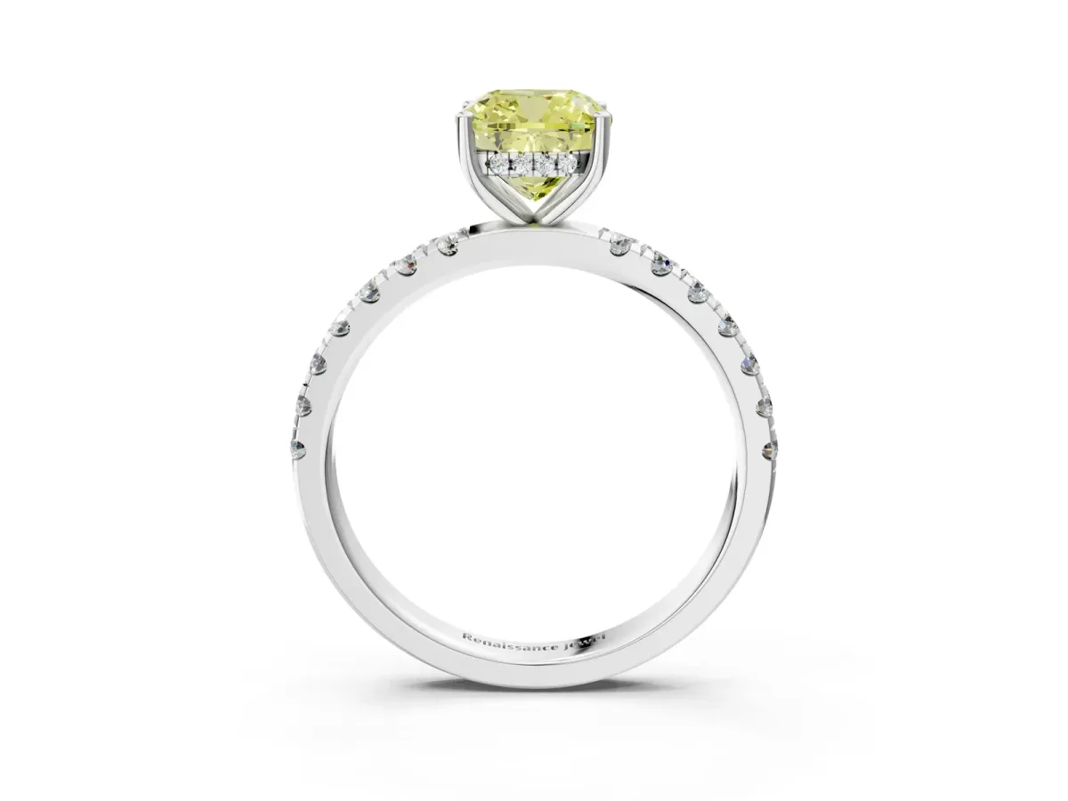 Fancy Yellow Cushion Cut Diamond Pave Band Solitaire Ring with Round and Prong Setting Platinum
