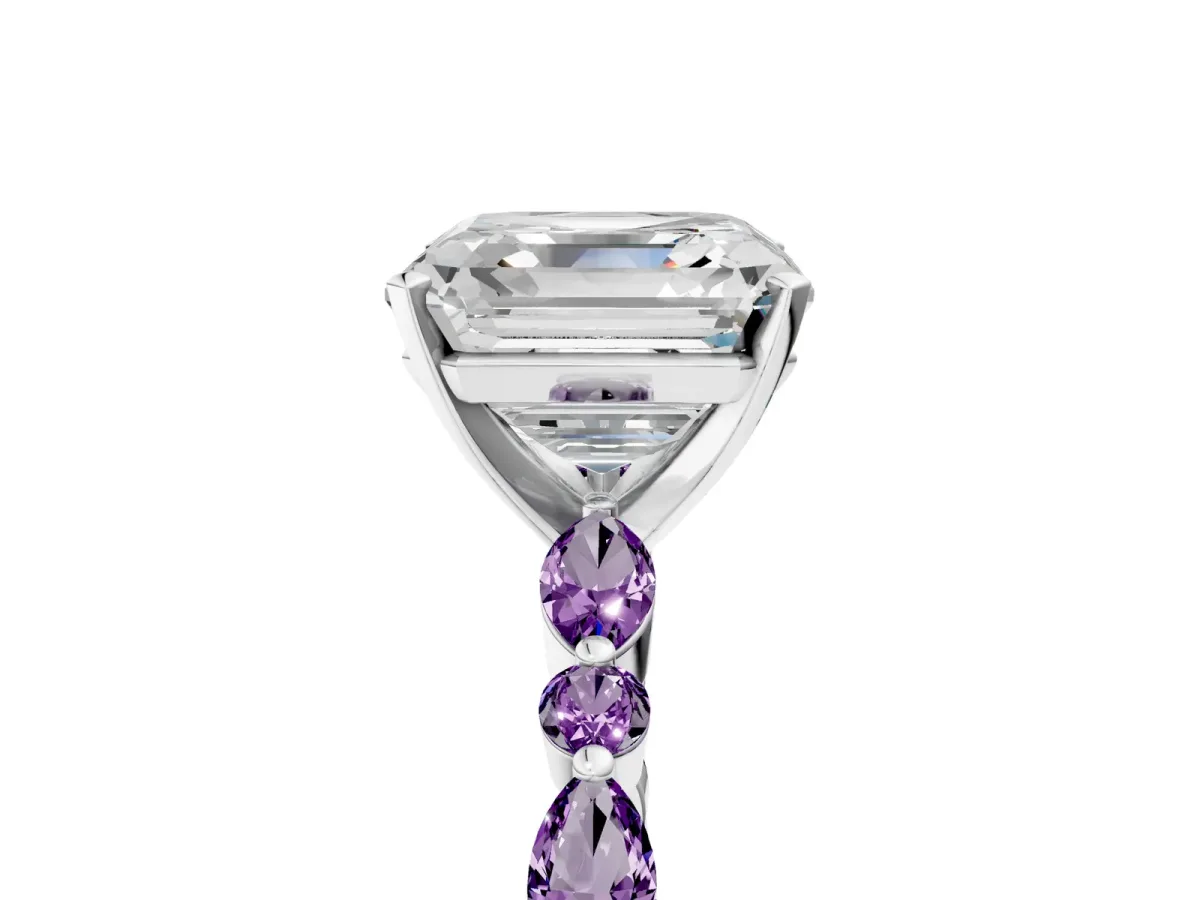 Asscher Cut Diamond Ring with Marquise and Round Amethyst Side Stones and Four-Prong Setting Platinum