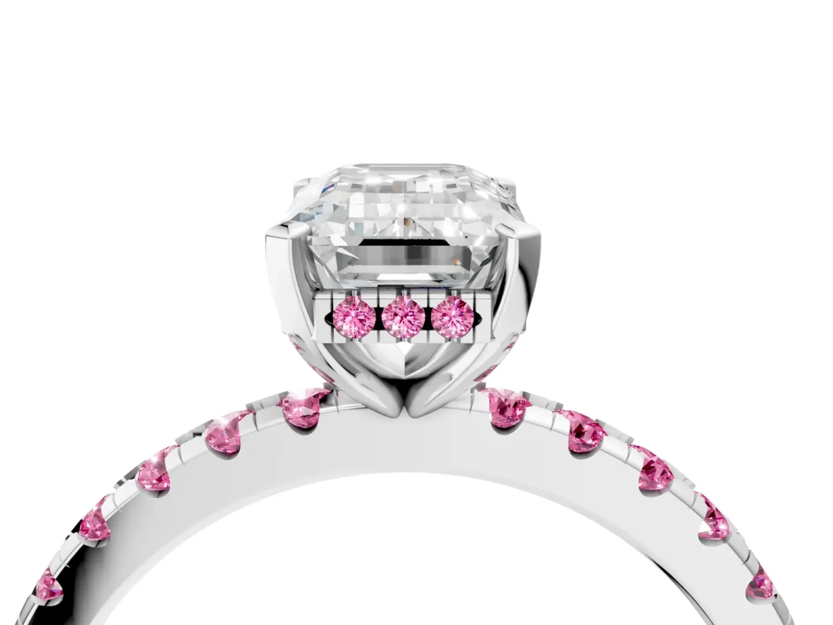 Emerald Cut Diamond Solitaire Ring with Round Pink Sapphire Pavé Band and Four-Prong Setting Platinum
