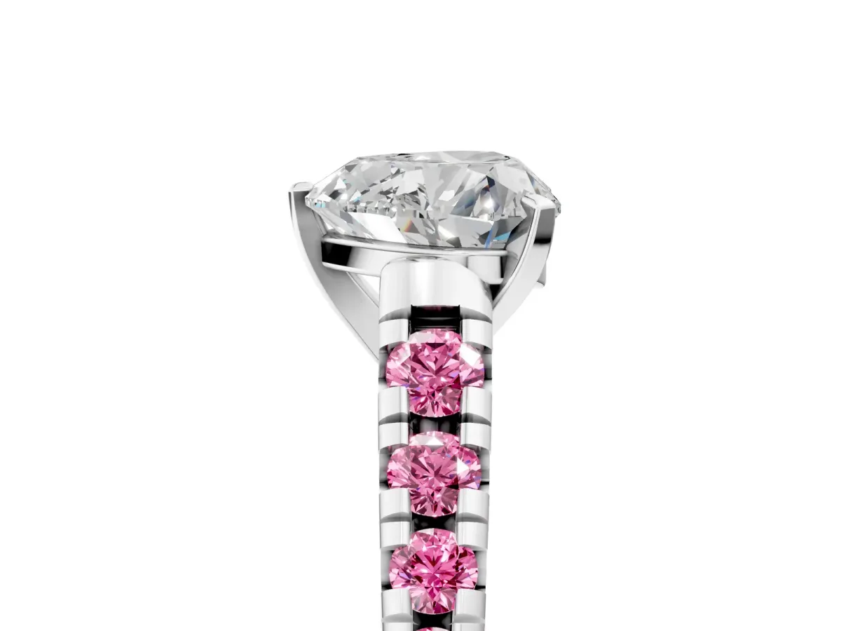 Heart Cut Diamond Cathedral Solitaire Ring with Round Pink Sapphire Pavé Band Silver