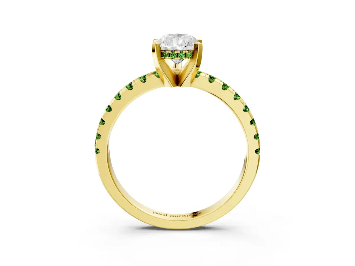 Pear Cut Diamond Solitaire Ring with Round Peridot Pavé Band and Four-Prong Setting Yellow gold