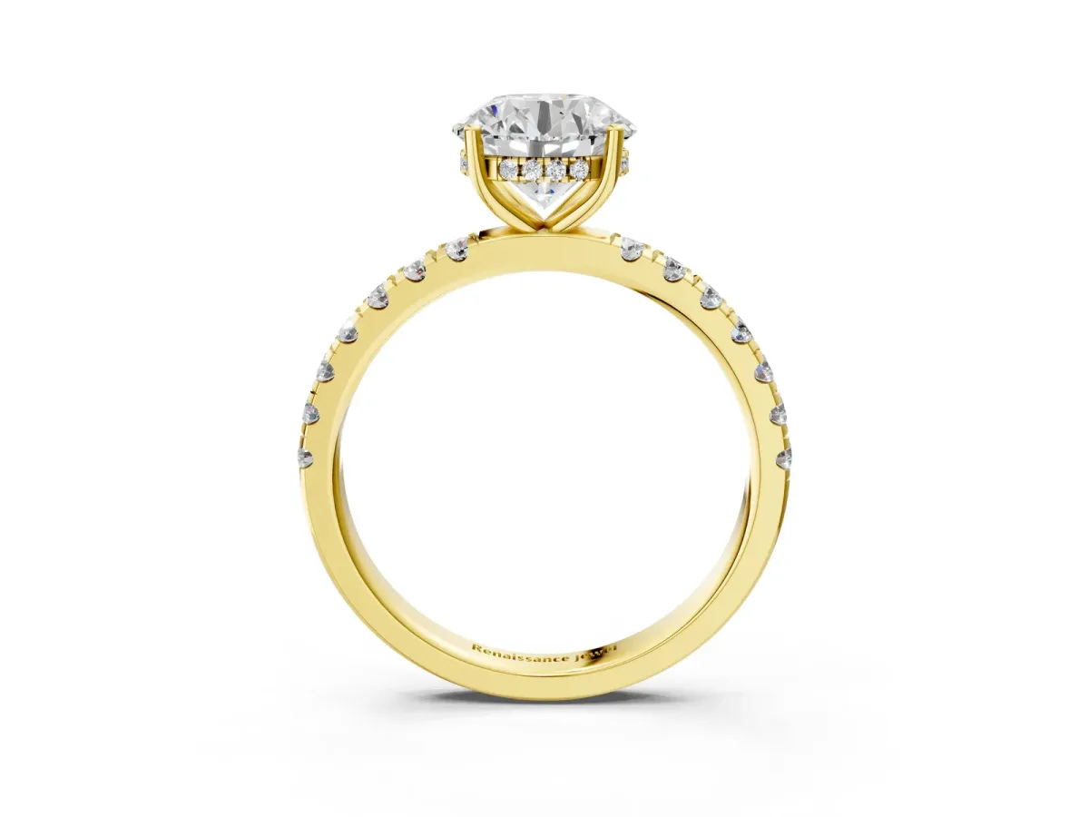 Round Cut Diamond Pave Band Solitaire Ring with Round Moissanite and Prong Setting Yellow gold