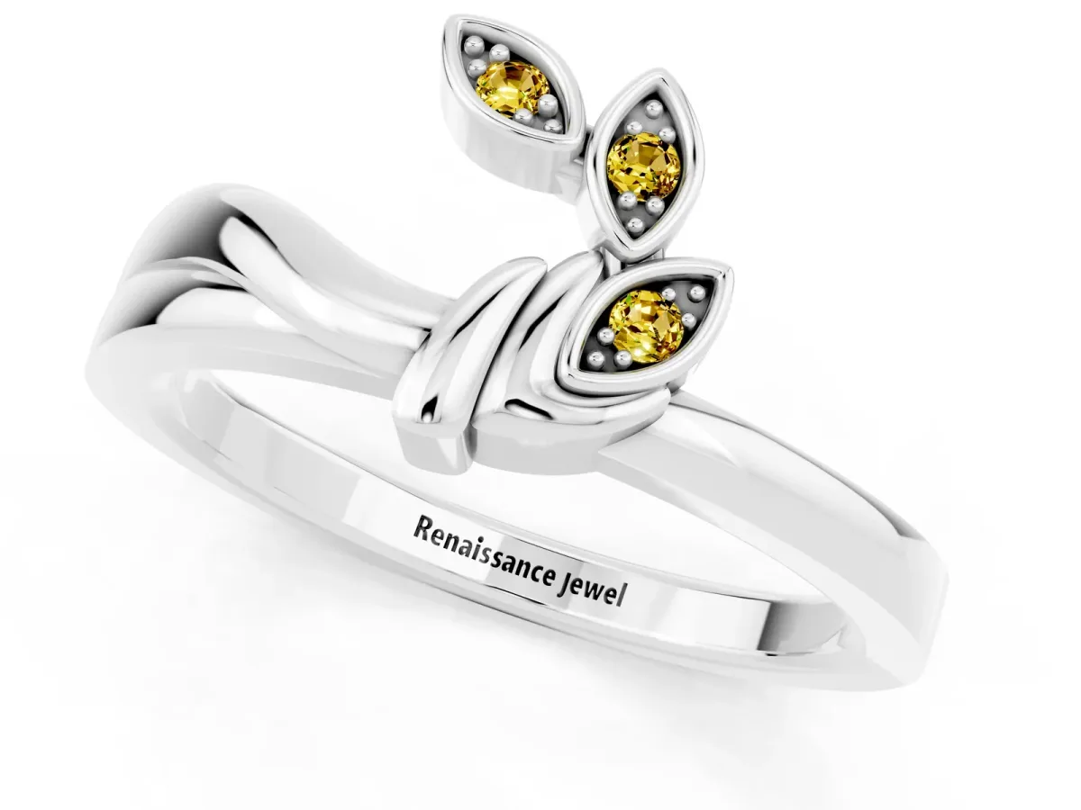 Three-Stone Round Yellow Sapphire Leaf Bypass Ring with Bezel Setting White gold