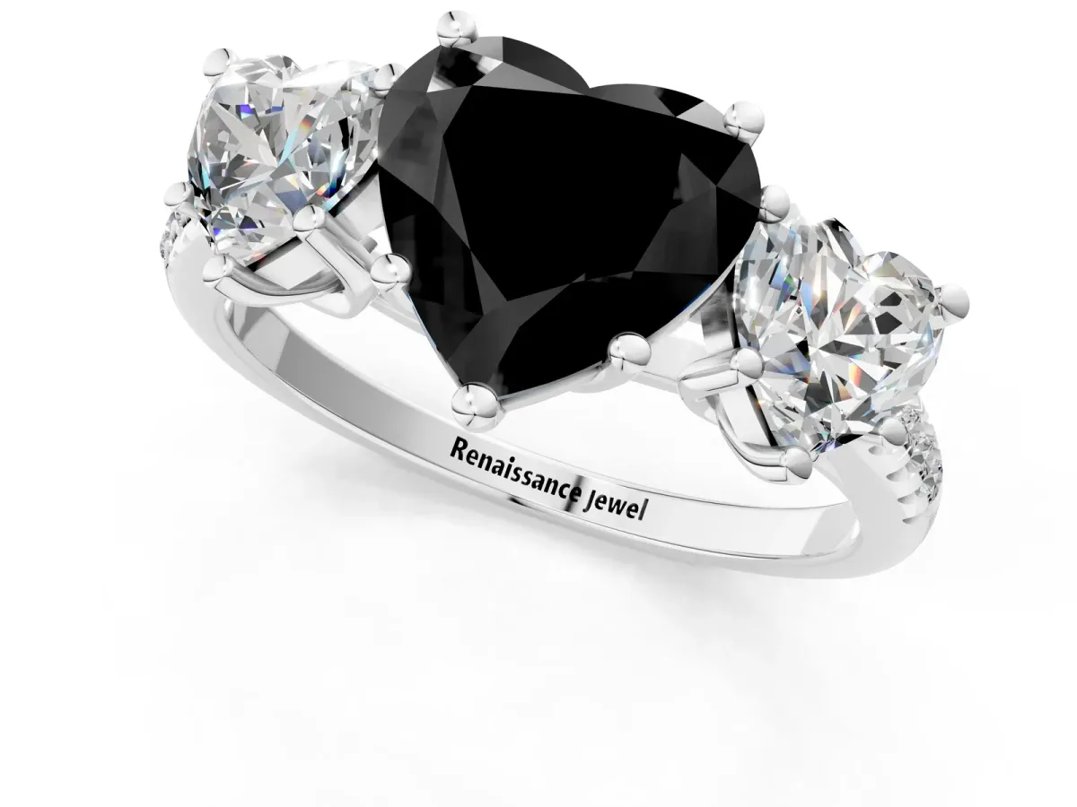 Fancy Black Three-Stone Heart Cut Diamond Ring with Round Pavé Band and Prong Setting Silver