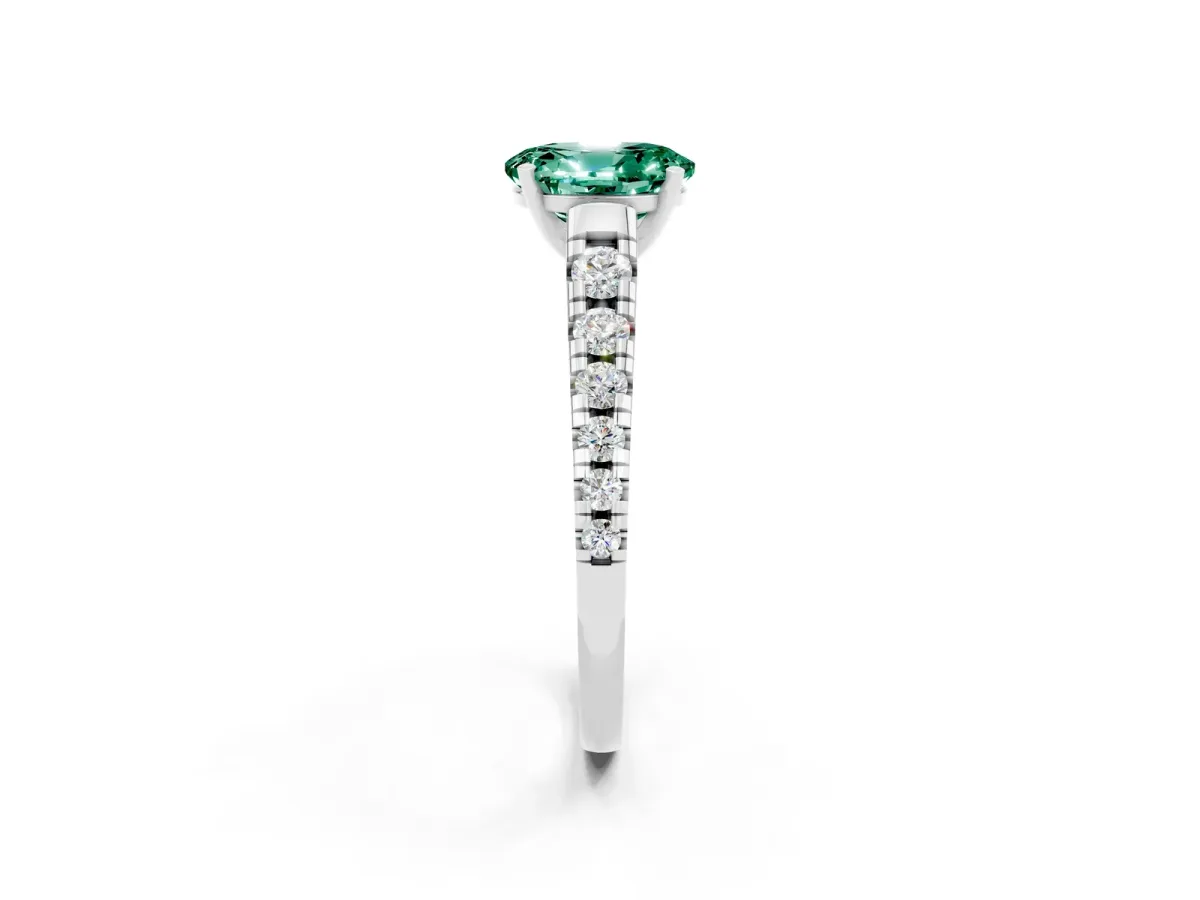 Oval Cut Green Sapphire Cathedral Solitaire Ring with Round Pavé Band Silver