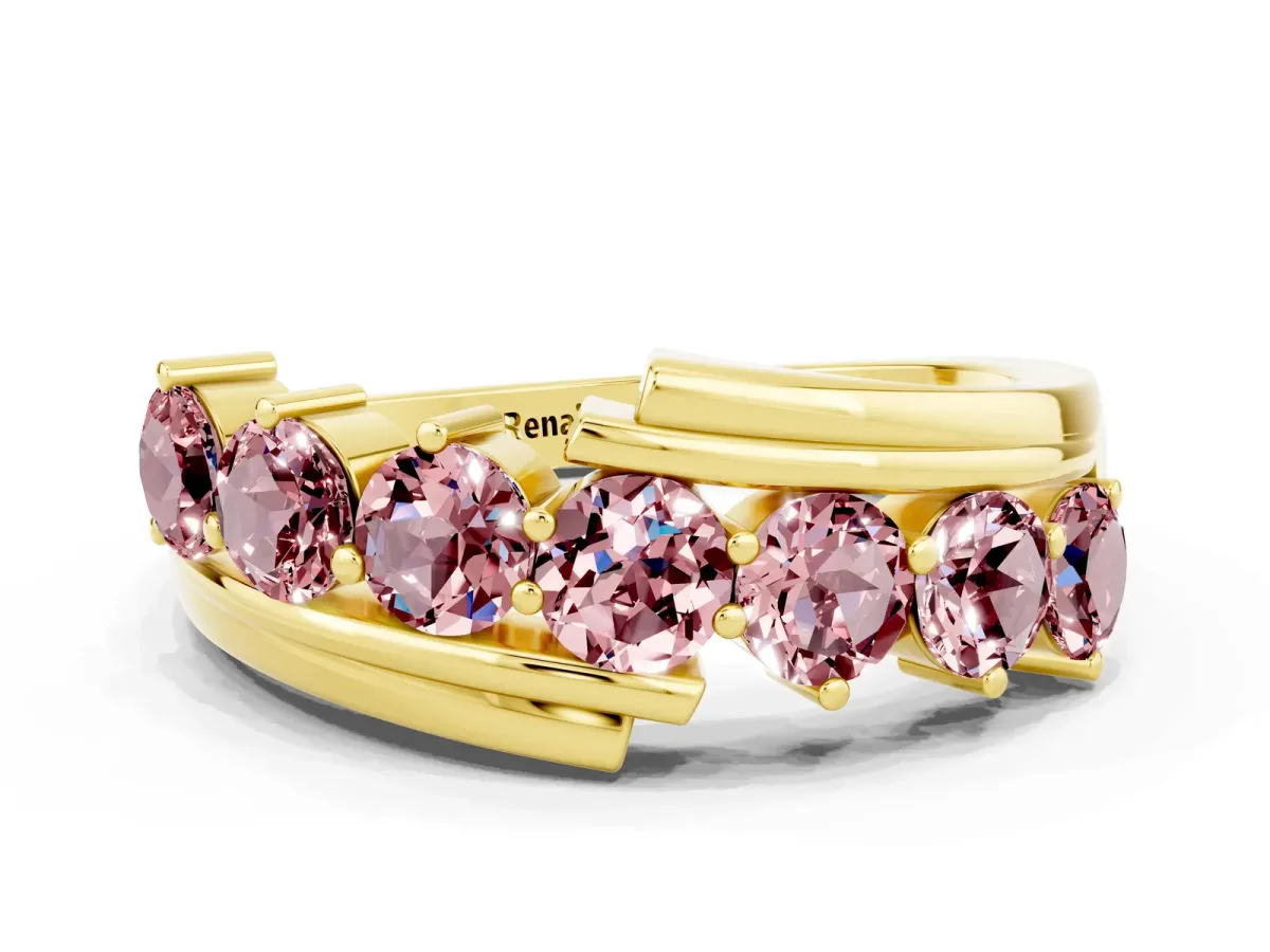 Round Morganite Wave Band with Channel and Shared Prong Setting Yellow gold