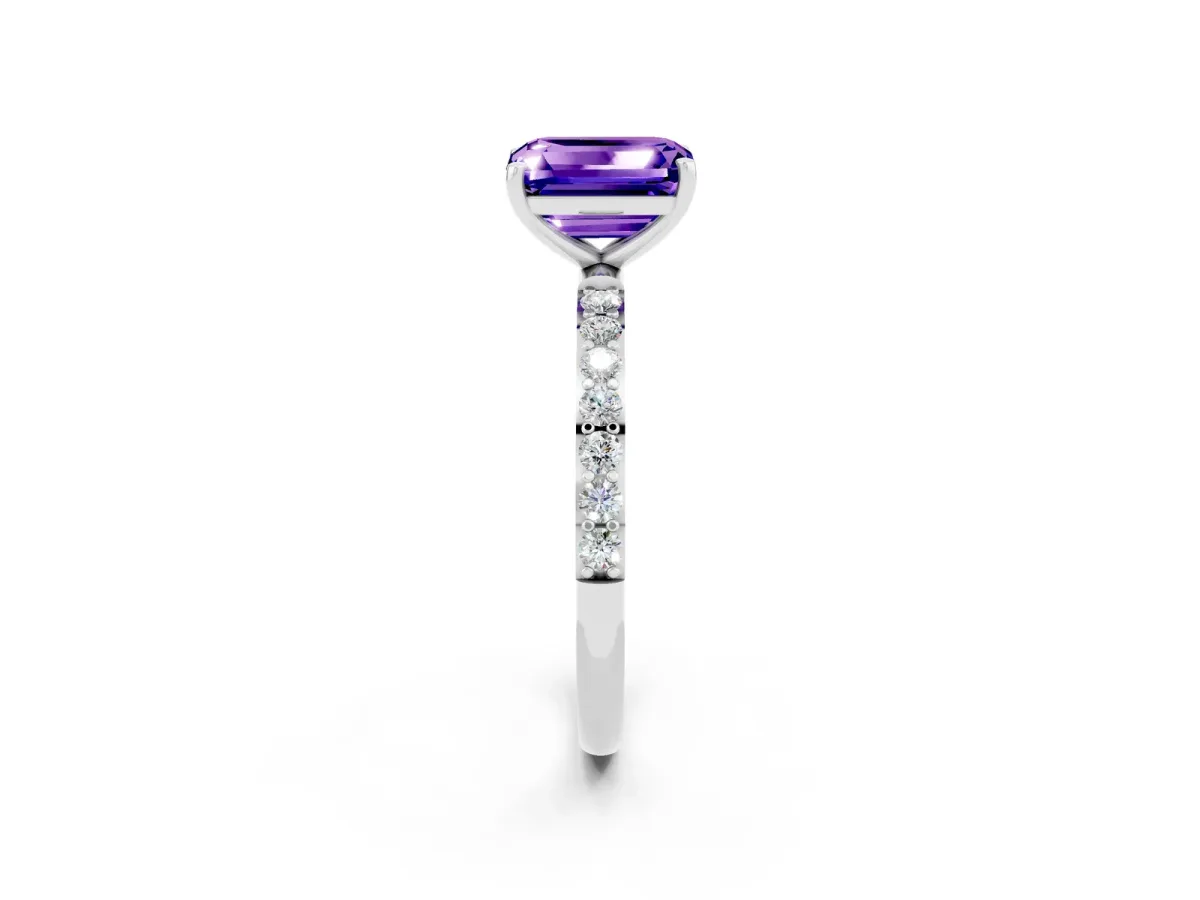 Emerald Cut Tanzanite Solitaire Ring with Round Pavé Band and Prong Setting Platinum