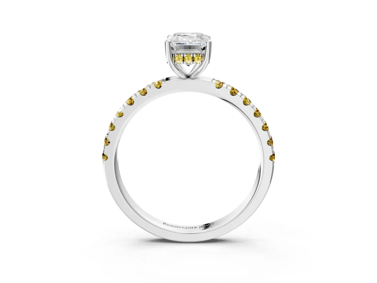Emerald Cut Diamond Pave Band Solitaire Ring with Round Yellow Sapphire and Prong Setting Platinum