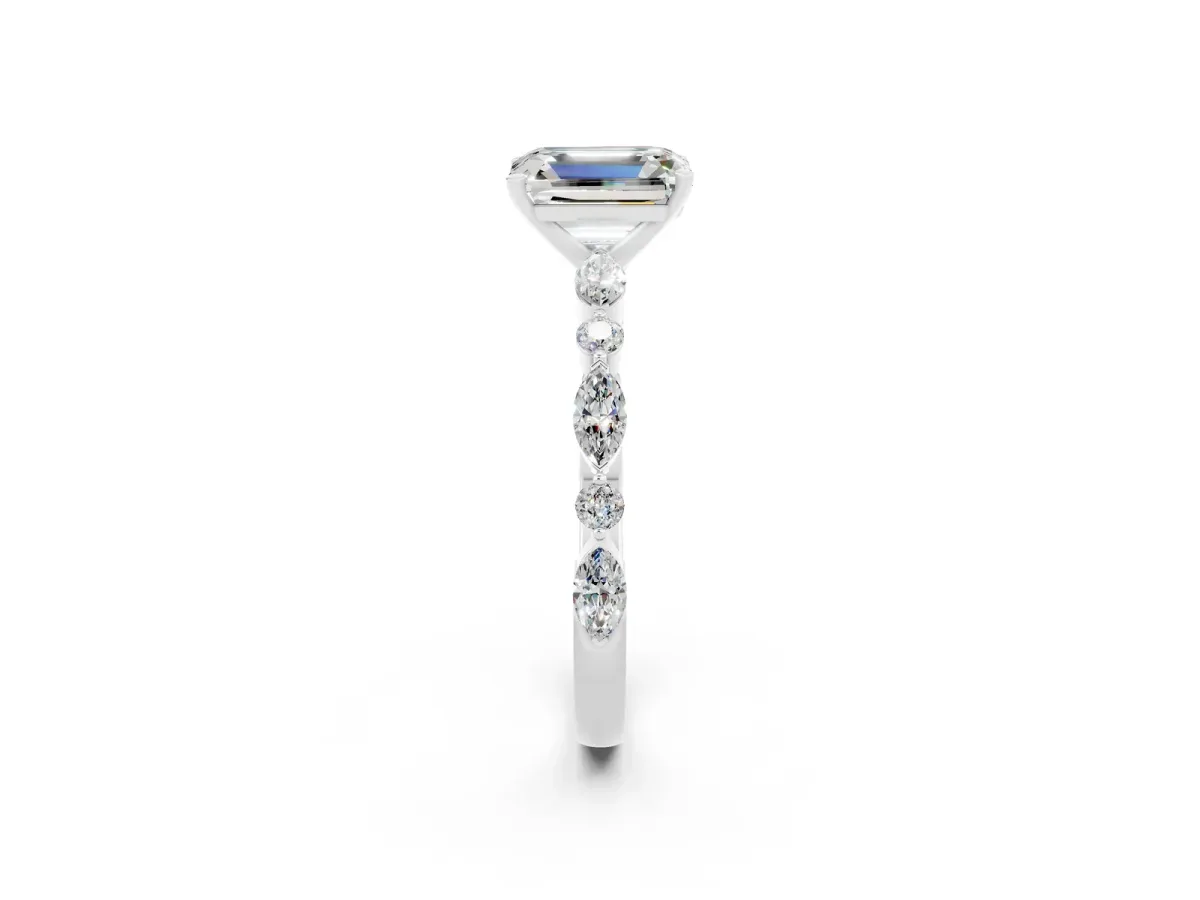 Emerald Cut Moissanite Ring with Marquise and Round Side Stones and Four-Prong Setting Silver