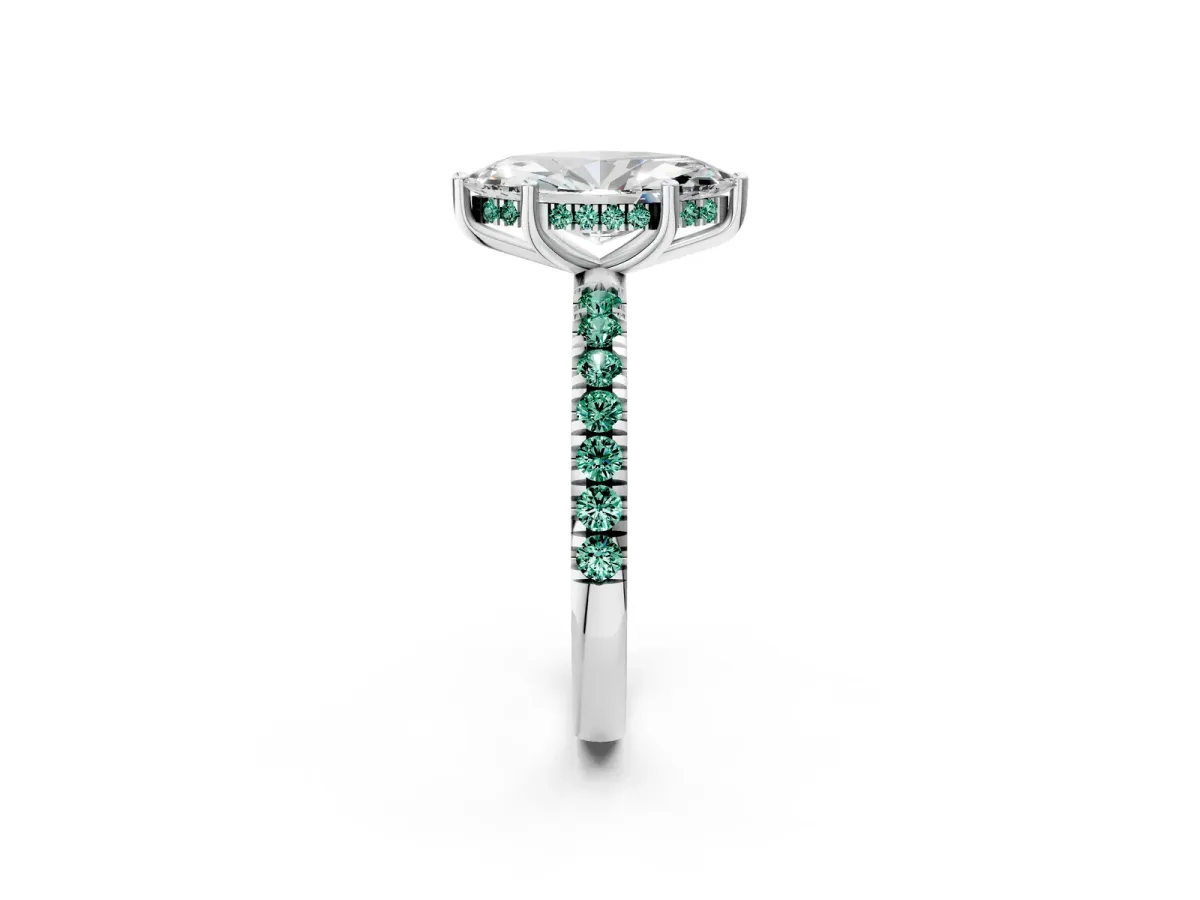 Marquise Cut Diamond Pave Band Solitaire Ring with Round Green Sapphire and Prong Setting Silver