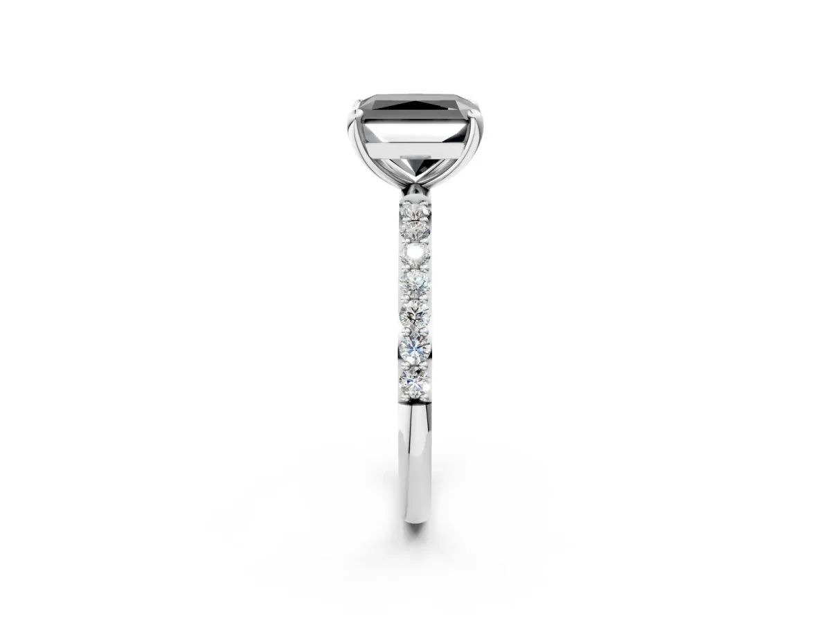 Fancy Black Radiant Cut Diamond Solitaire Ring with Round Pavé Band and Prong Setting Silver