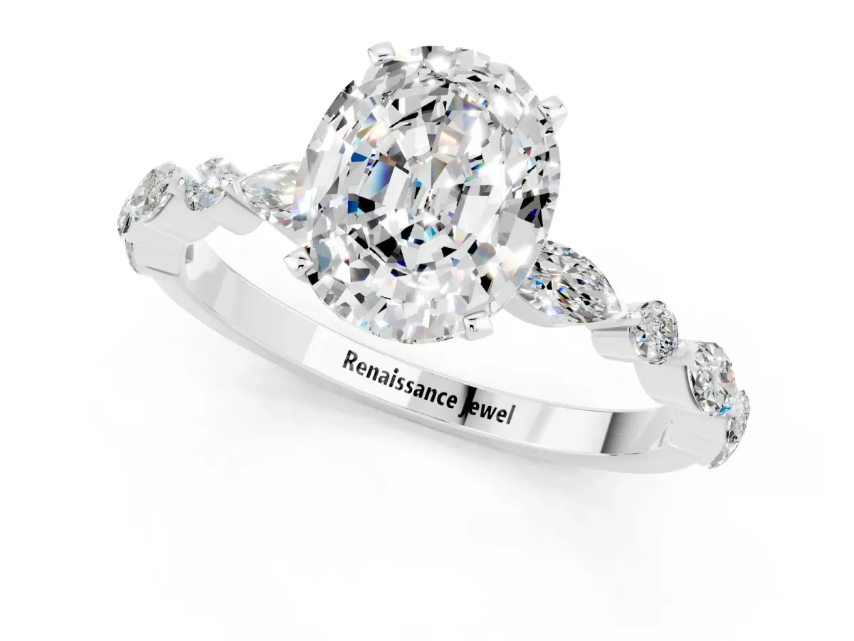 Oval Cut Moissanite Ring with Marquise and Round Side Stones and Four-Prong Setting Silver