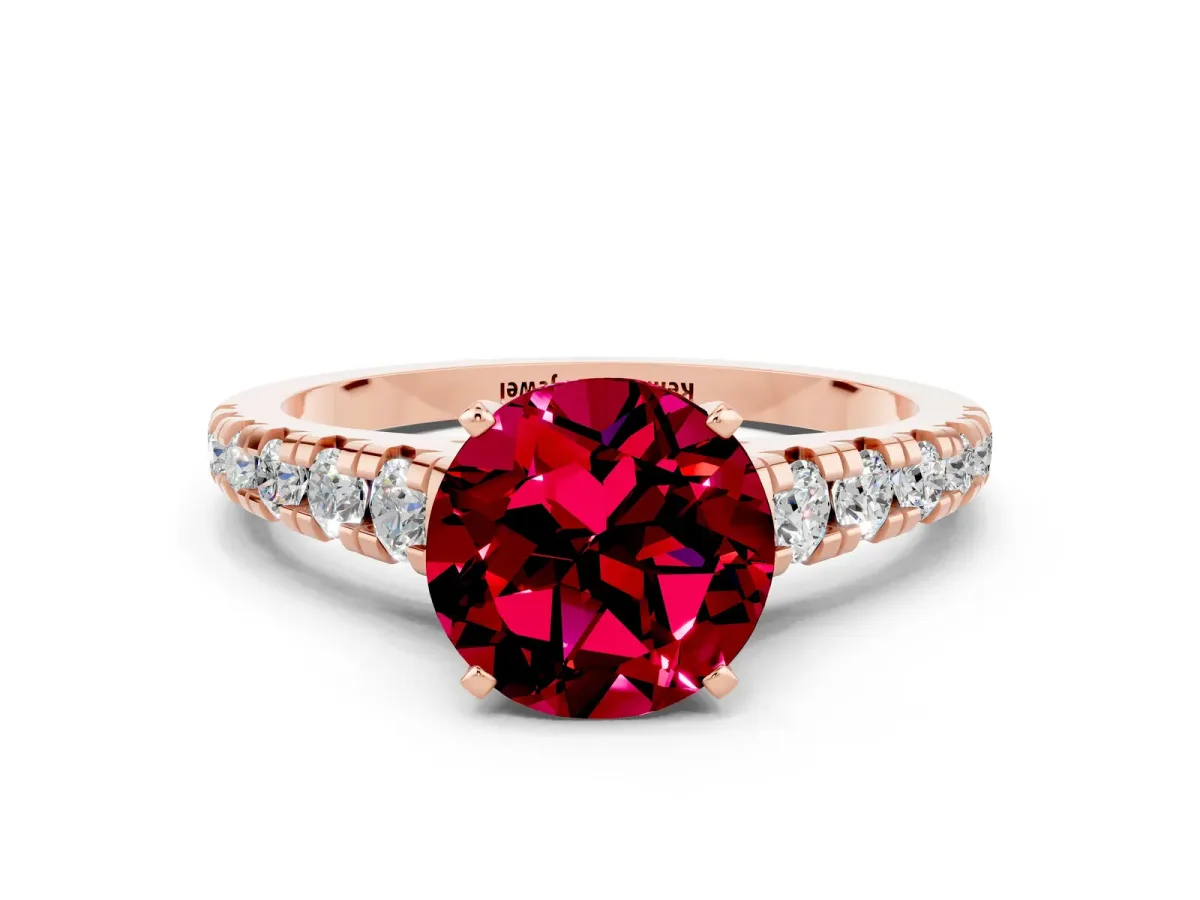 Round Cut Garnet Cathedral Solitaire Ring with Round Pavé Band Rose gold