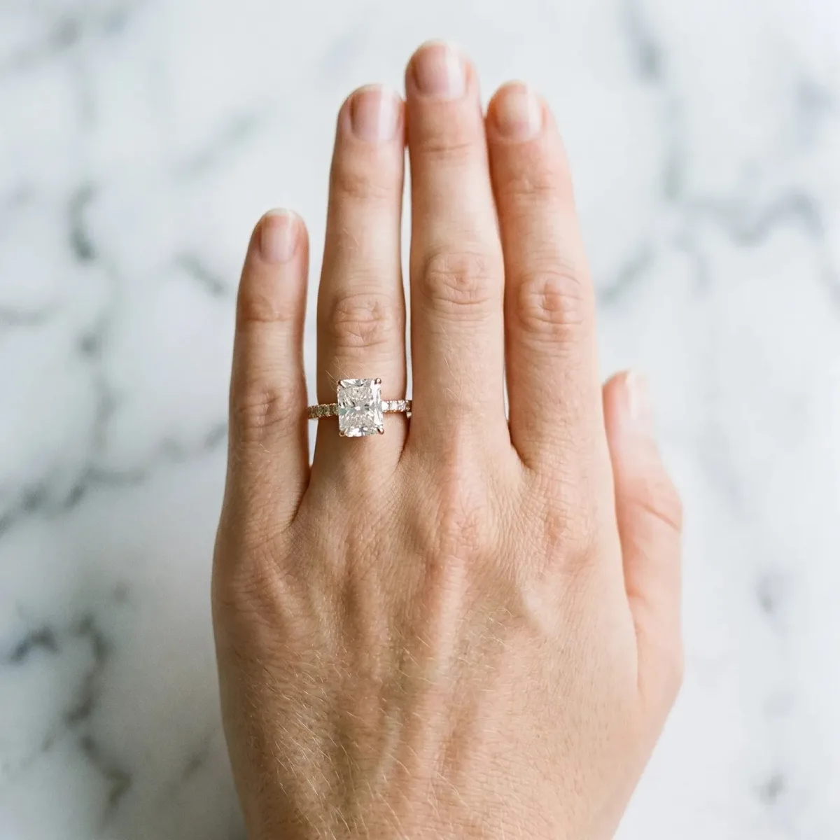 Radiant Cut Diamond Pave Band Solitaire Ring with Round and Prong Setting Rose gold