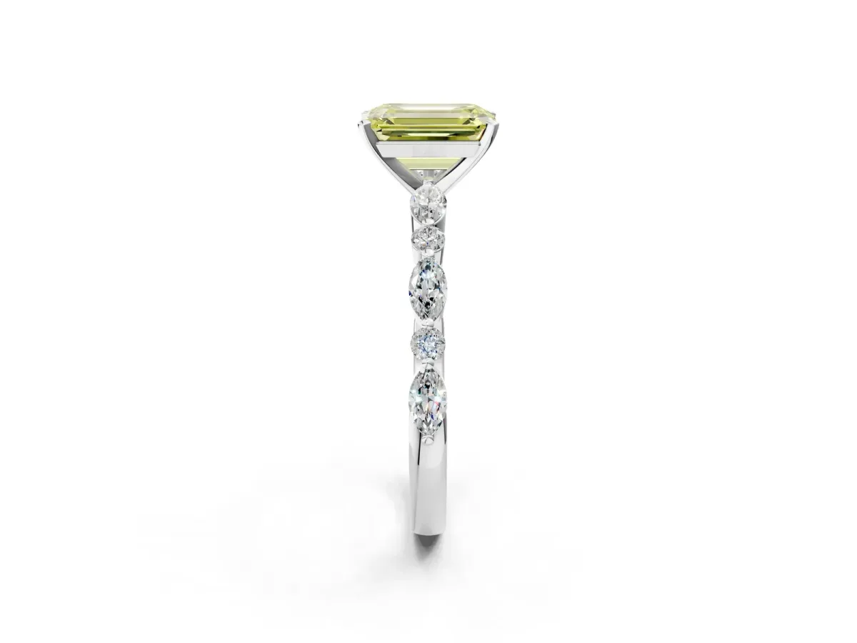 Fancy Yellow Emerald Cut Diamond Ring with Marquise and Round Side Stones and Four-Prong Setting Silver