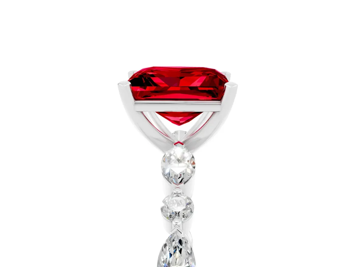 Princess Cut Ruby Ring with Marquise and Round Side Stones and Four-Prong Setting Silver