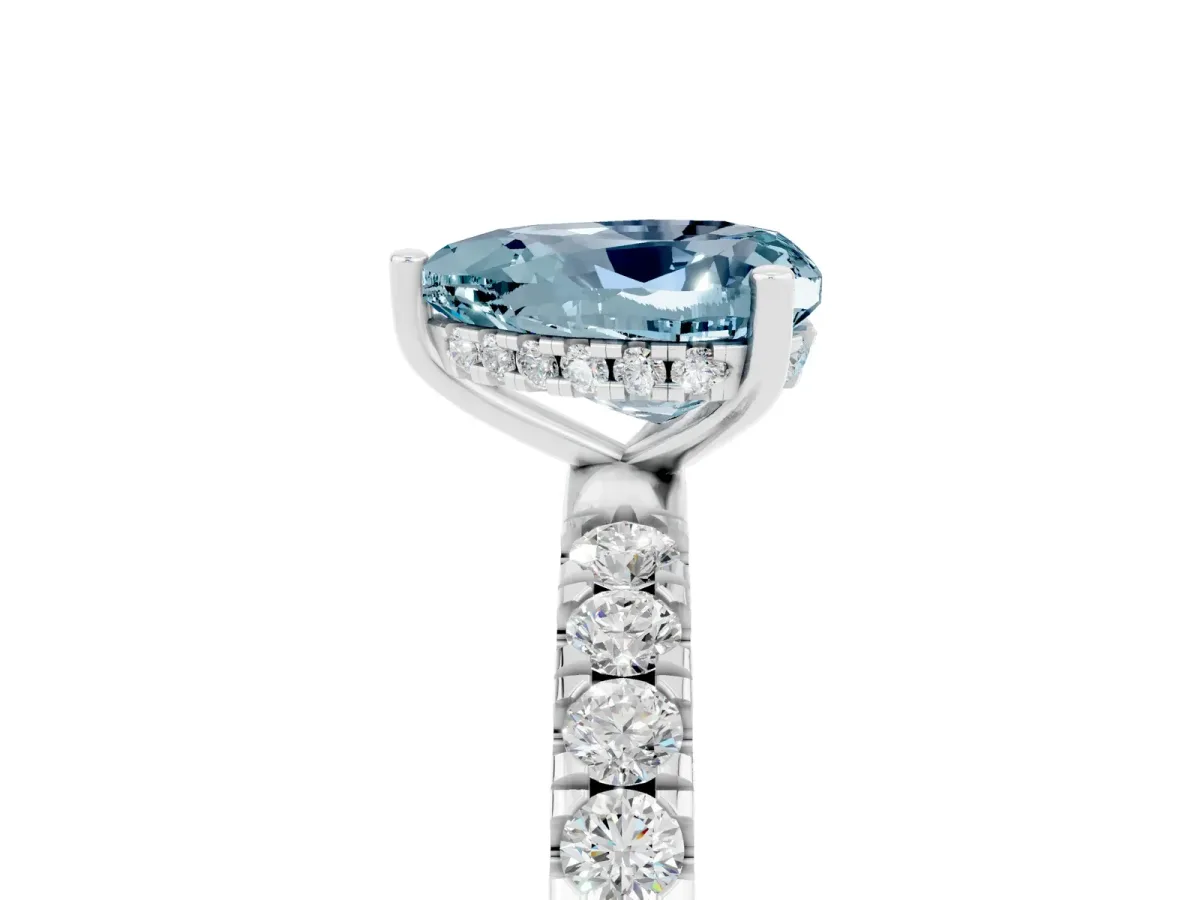 Heart Cut Aquamarine Pave Band Solitaire Ring with Round and Prong Setting Platinum