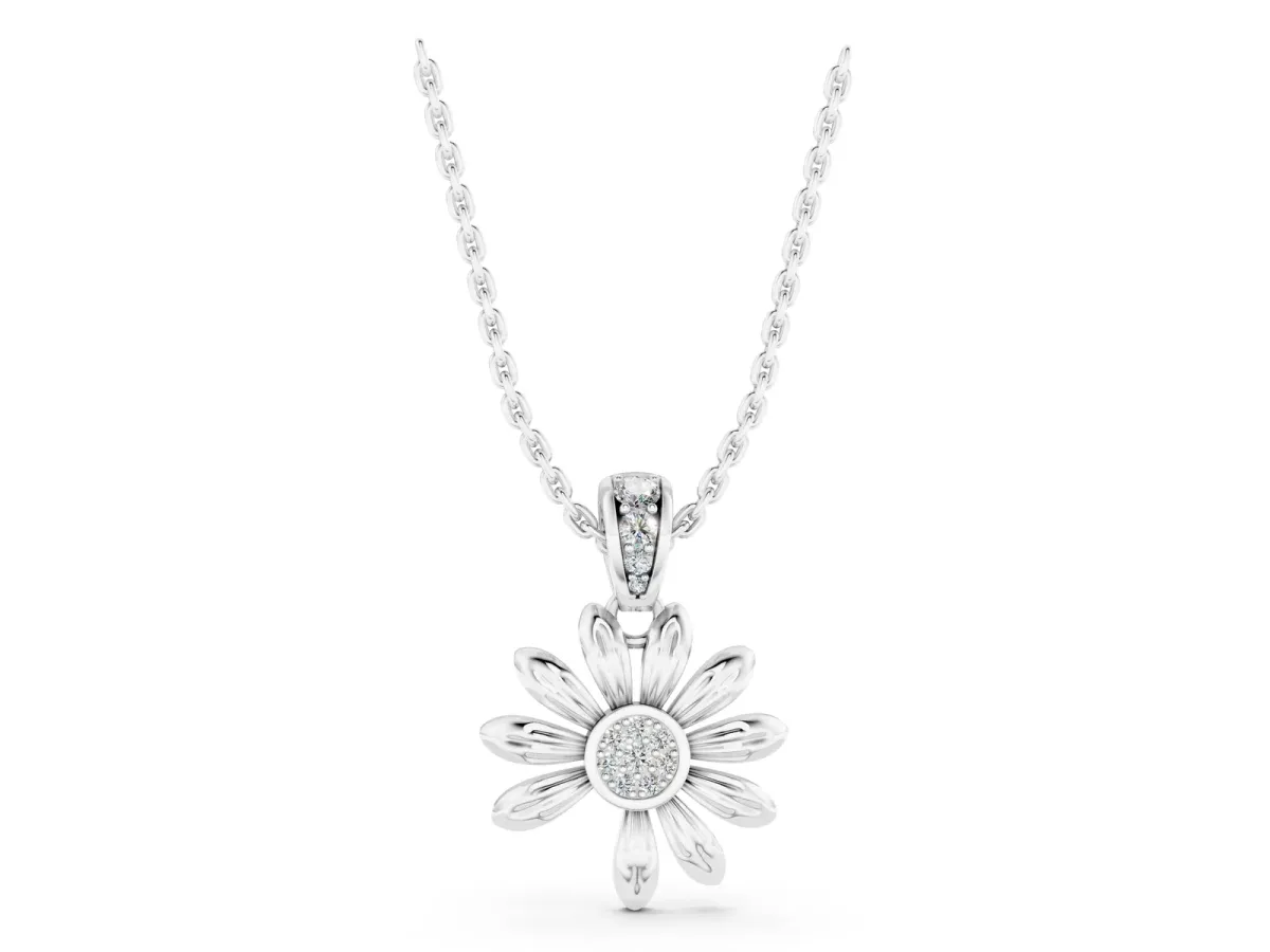 Round Diamond Daisy Flower Pendant with Diamond Accents White gold