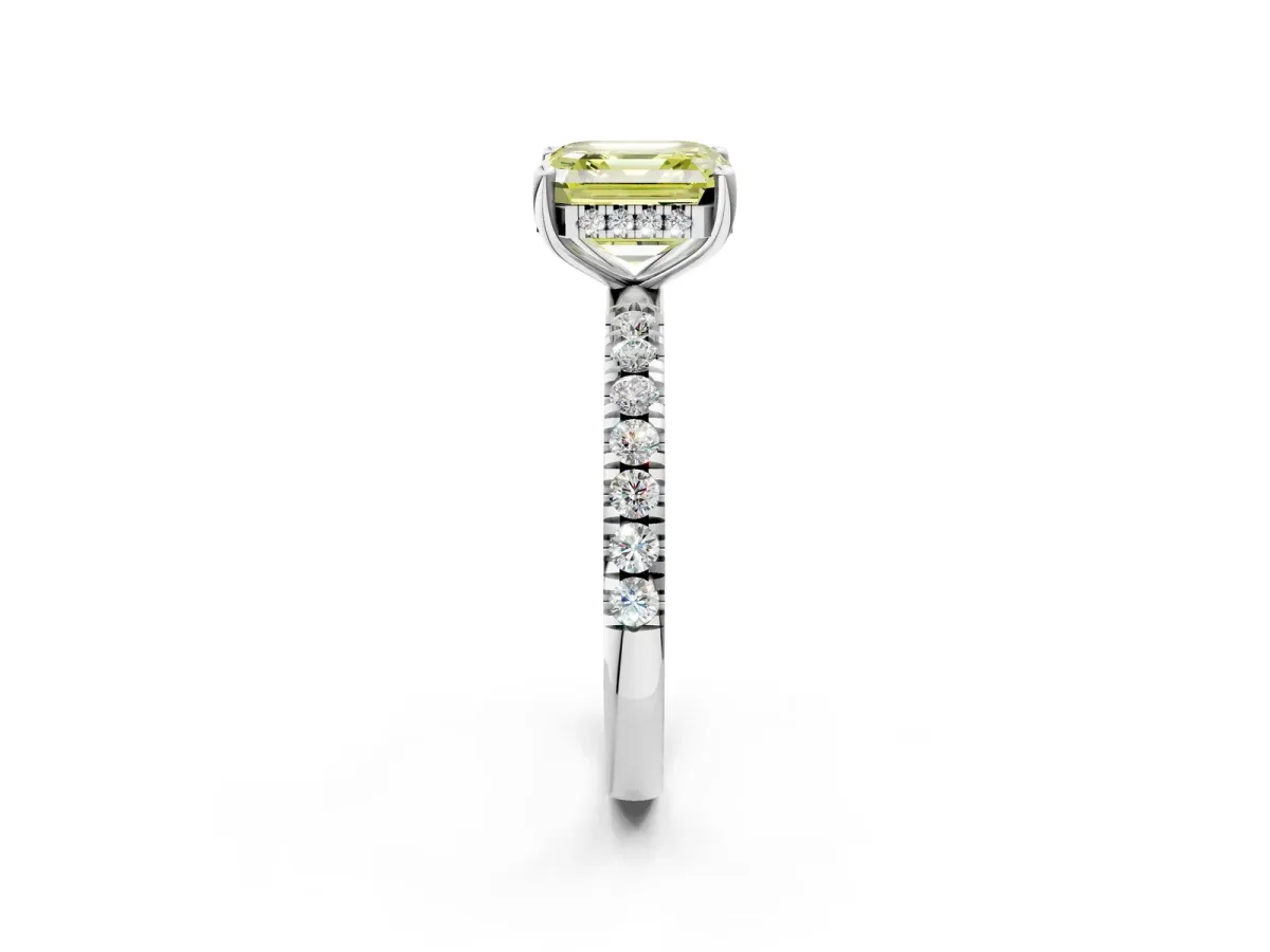Fancy Yellow Asscher Cut Diamond Pave Band Solitaire Ring with Round and Prong Setting White gold