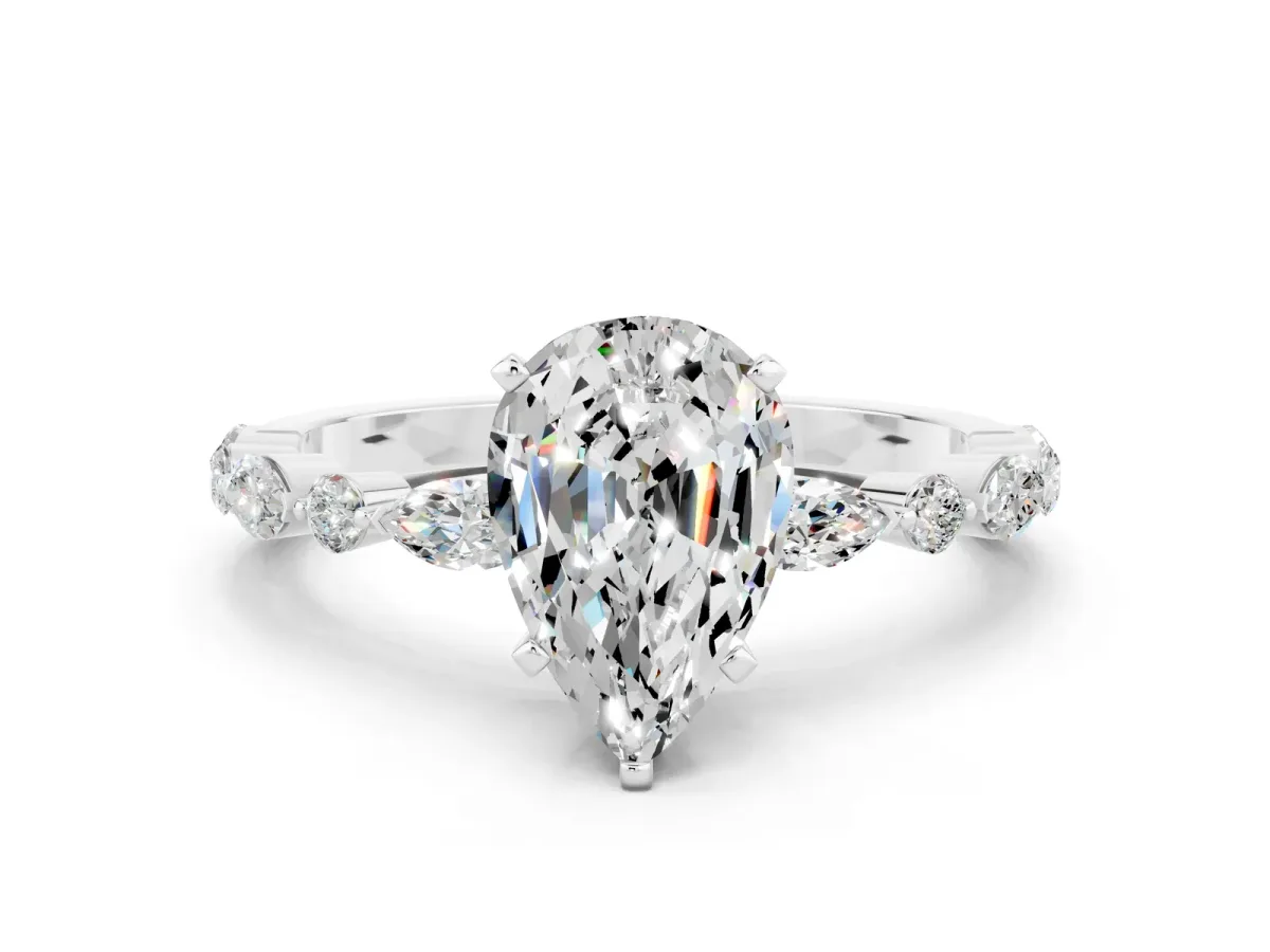 Pear Cut Moissanite Ring with Marquise and Round Side Stones and Four-Prong Setting Platinum