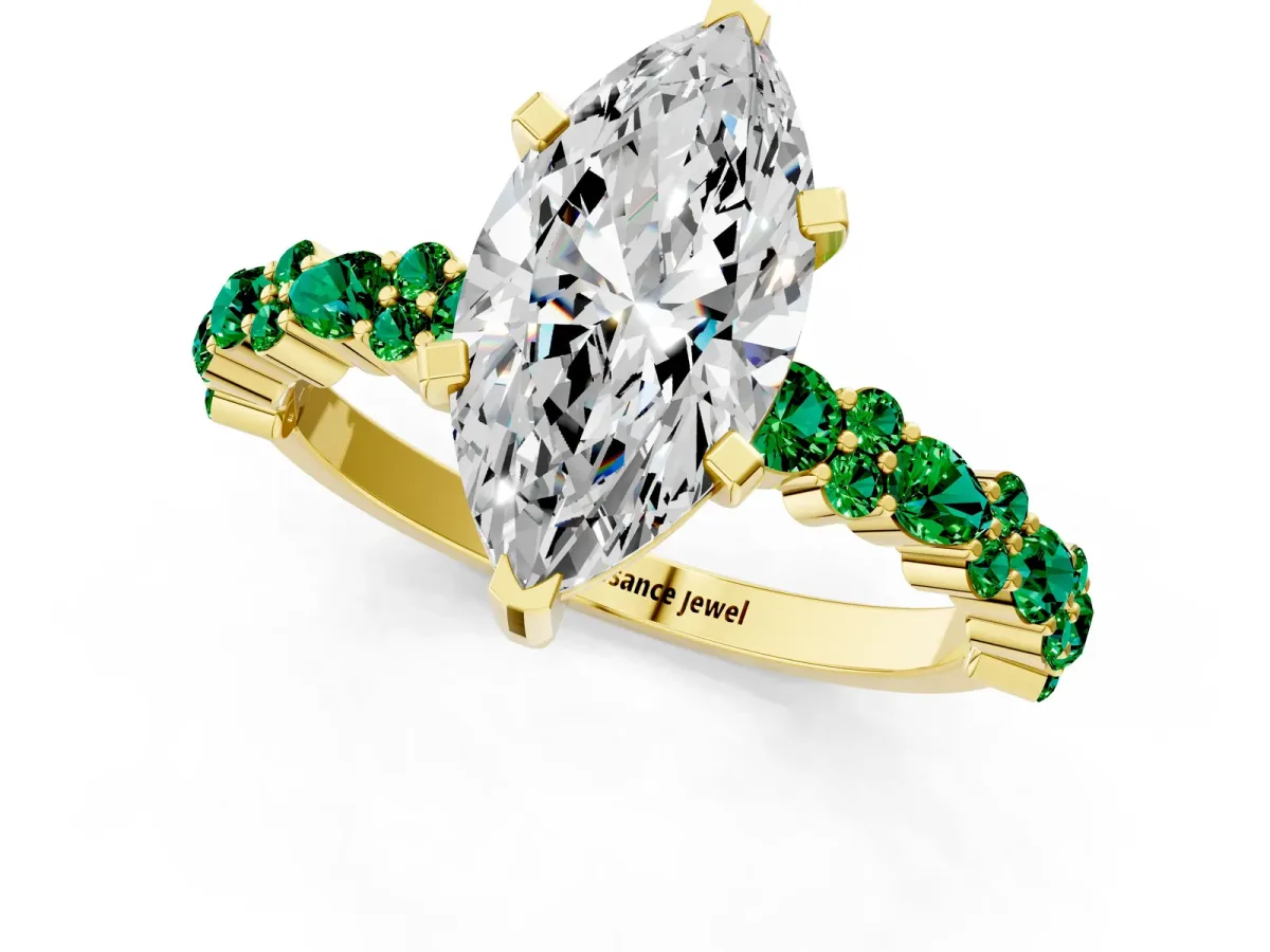 Marquise Cut Diamond Side Stone Solitaire Ring with Round Emerald and Four-Prong Setting Yellow gold