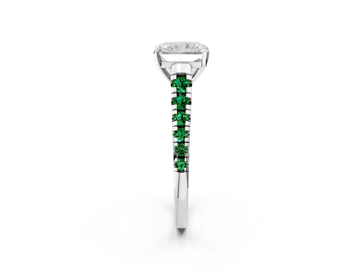 Radiant Cut Diamond Cathedral Solitaire Ring with Round Emerald Pavé Band Silver