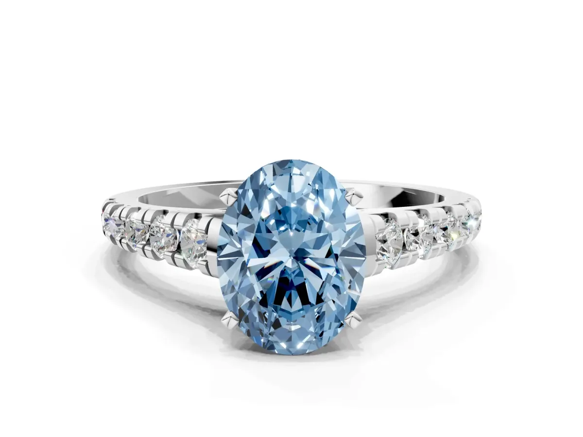 Fancy Blue Oval Cut Diamond Cathedral Solitaire Ring with Round Pavé Band Platinum