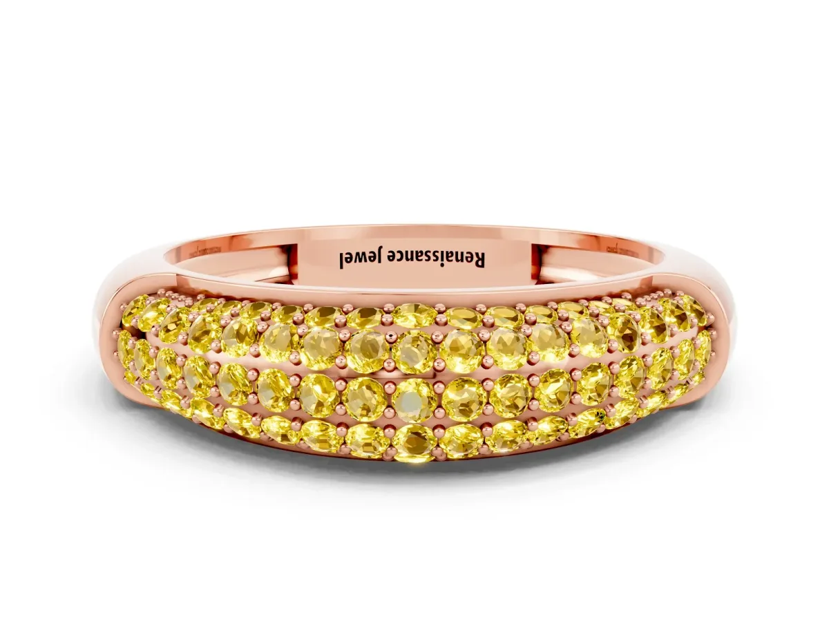 Three-Row Pavé Round Yellow Sapphire Dome Band Rose gold