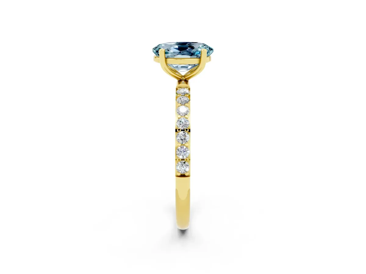 Oval Cut Aquamarine Solitaire Ring with Round Pavé Band and Prong Setting Yellow gold