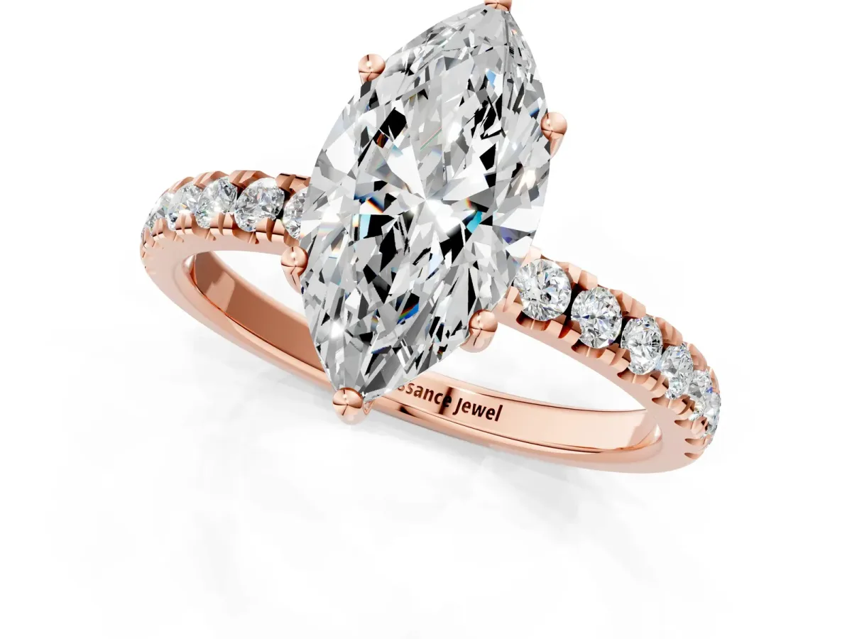 Marquise Cut Diamond Pave Band Solitaire Ring with Round Moissanite and Prong Setting Rose gold