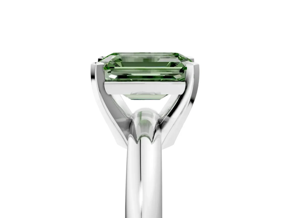 Fancy Green Emerald Cut Diamond Solitaire Engagement Ring with Round Band and Four-Prong Setting White gold