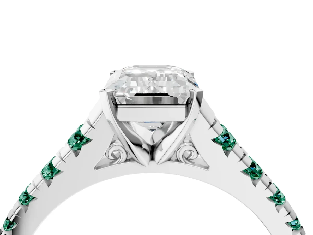 Emerald Cut Diamond Cathedral Solitaire Ring with Round Green Sapphire Pavé Band Silver