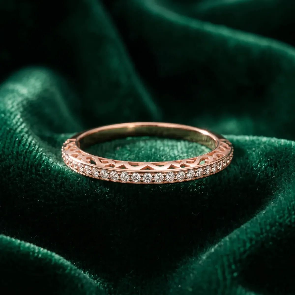 Round Diamond Channel-Set Eternity Band with Filigree Detailing Rose gold