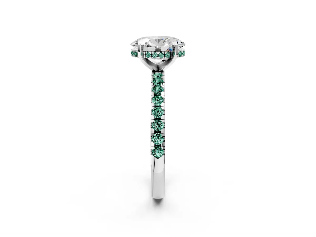Oval Cut Diamond Solitaire Ring with Round Green Sapphire Pavé Band and Four-Prong Setting Silver