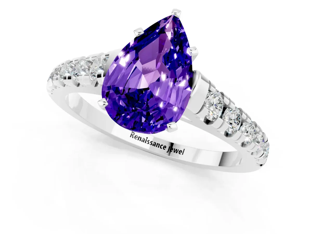 Pear Cut Tanzanite Cathedral Solitaire Ring with Round Pavé Band Platinum