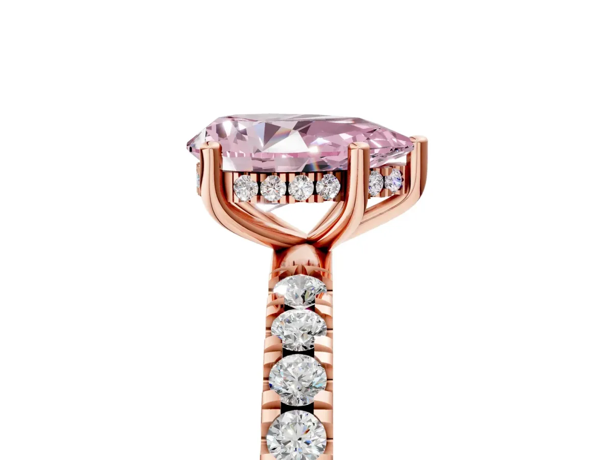Fancy Pink Pear Cut Diamond Pave Band Solitaire Ring with Round and Prong Setting Rose gold