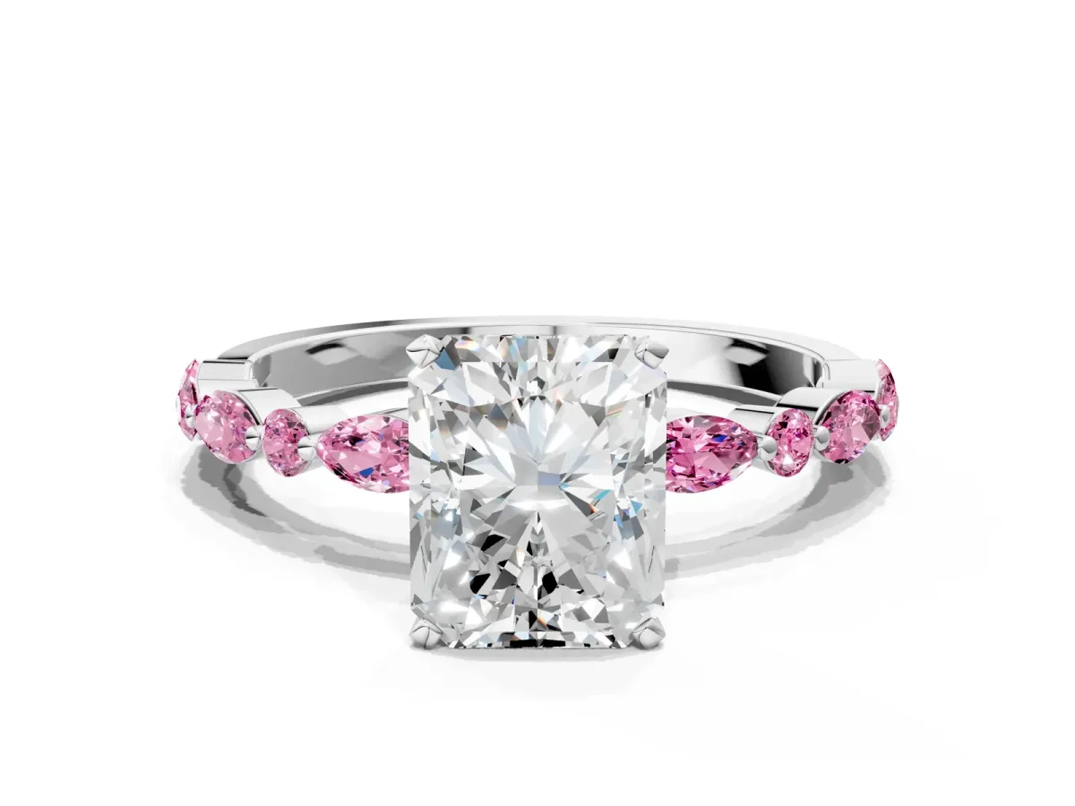 Radiant Cut Diamond Ring with Marquise and Round Pink Sapphire Side Stones and Four-Prong Setting Silver