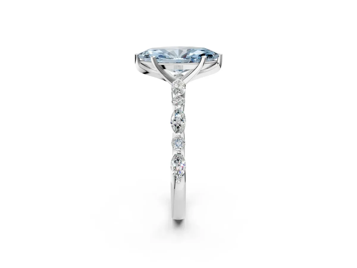 Fancy Blue Marquise Cut Diamond Ring with Marquise and Round Side Stones and Four-Prong Setting Silver