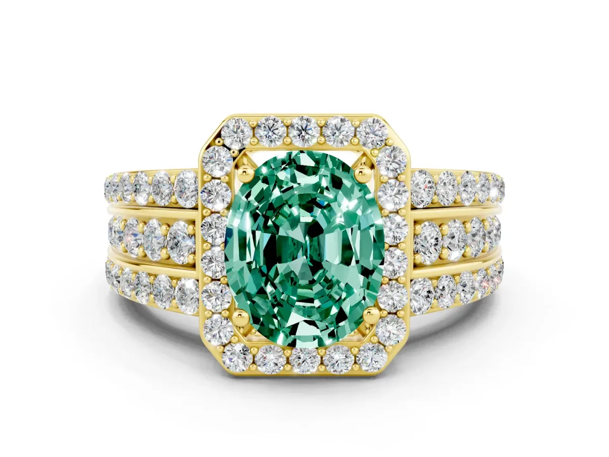 Oval Cut Halo Green Sapphire Ring with Round Split Shank and Prong Setting Yellow gold