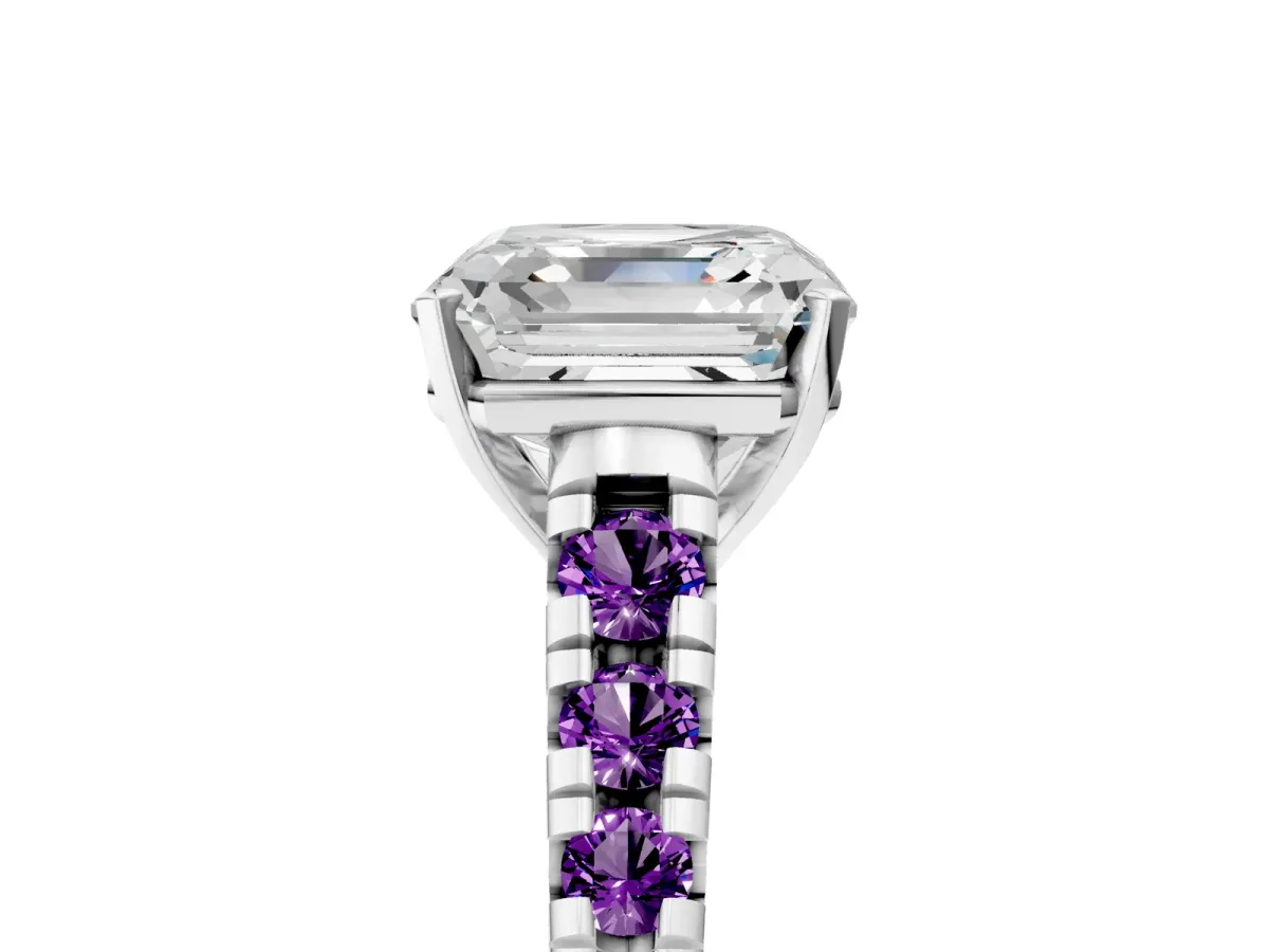 Asscher Cut Diamond Cathedral Solitaire Ring with Round Amethyst Pavé Band Platinum