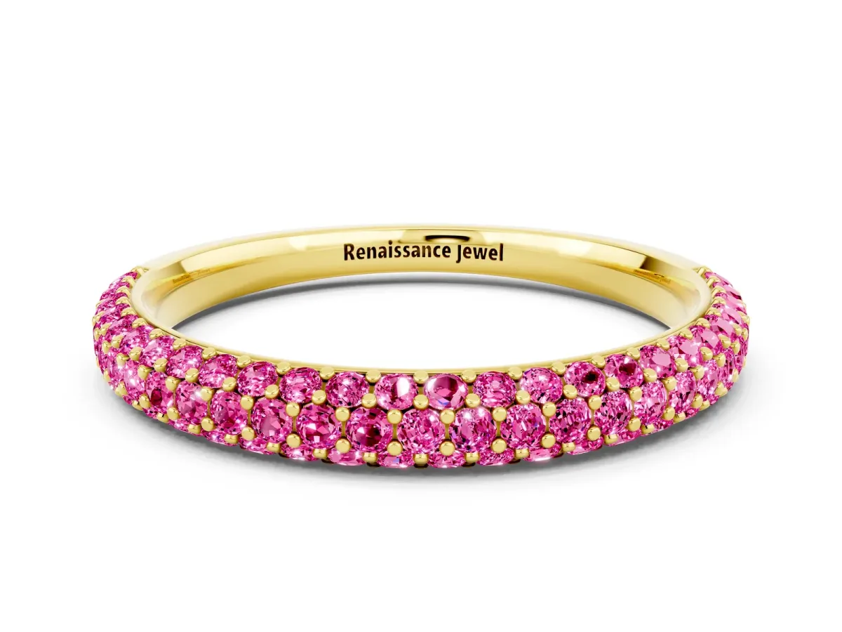 Round Pink Sapphire Pavé Eternity Band with Shared Prong Setting Yellow gold