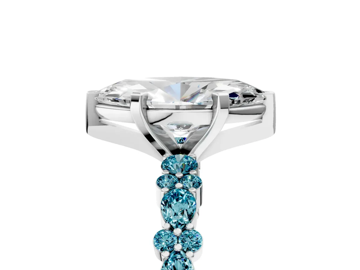 Marquise Cut Diamond Side Stone Solitaire Ring with Round Blue Topaz and Four-Prong Setting Platinum