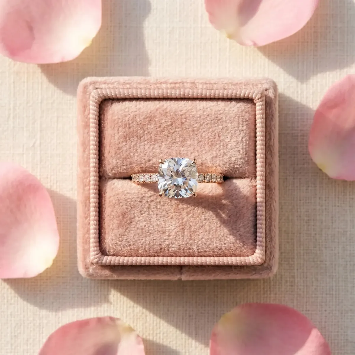 Cushion Cut Diamond Solitaire Ring with Round Pavé Band and Four-Prong Setting Rose gold