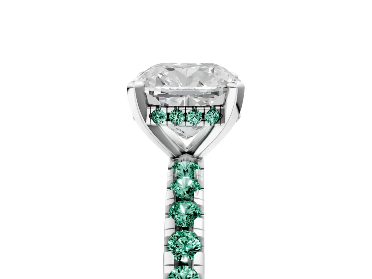 Cushion Cut Diamond Solitaire Ring with Round Green Sapphire Pavé Band and Four-Prong Setting Silver