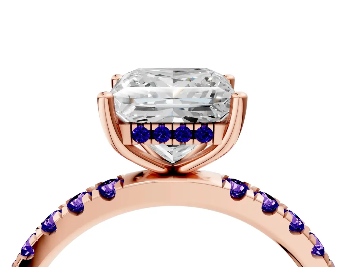 Princess Cut Diamond Pave Band Solitaire Ring with Round Tanzanite and Prong Setting Rose gold